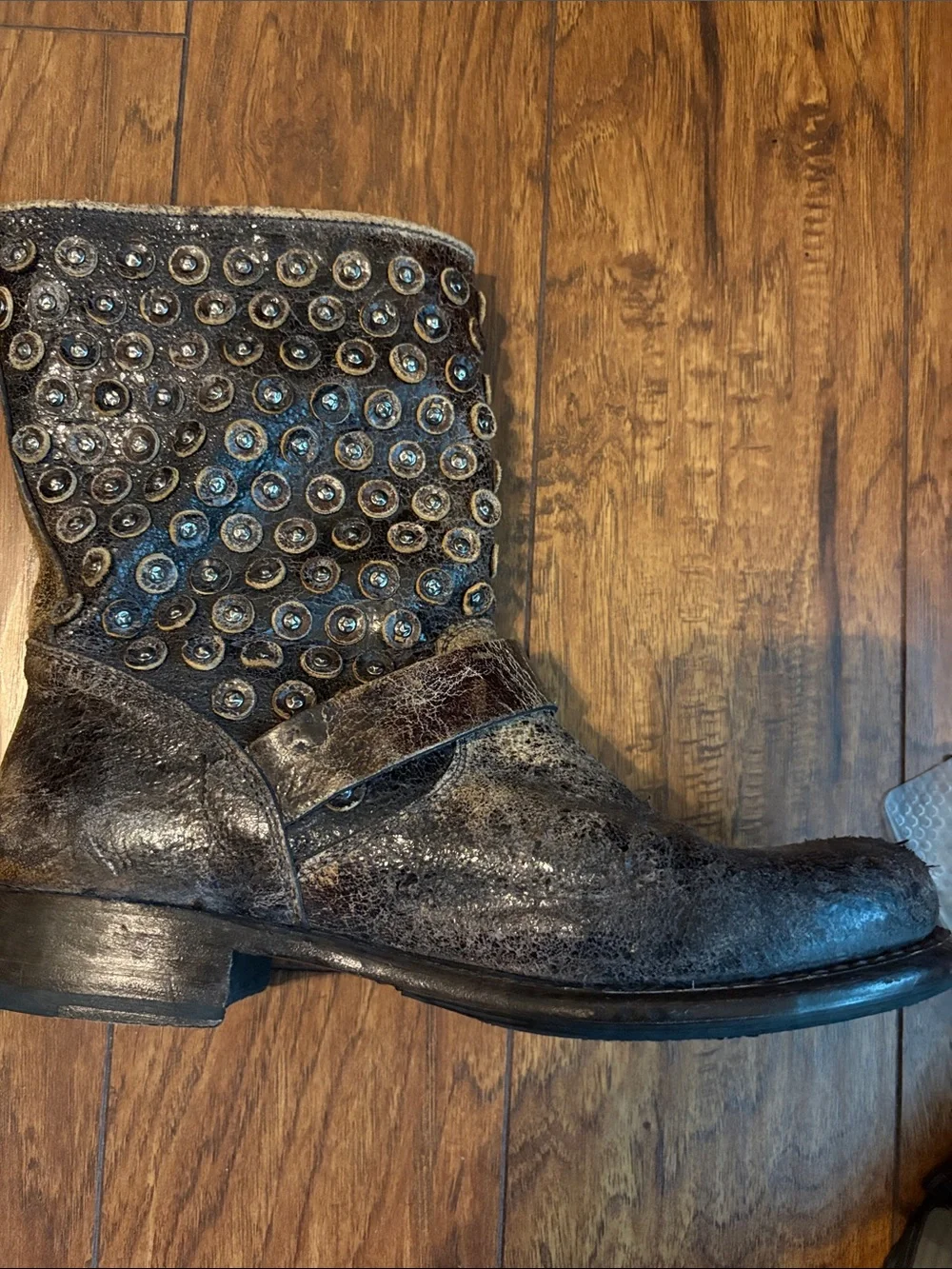 VINTAGE FRYE Jenna Disc Studded Moto Boots Distressed Brown Leather 9.5 B